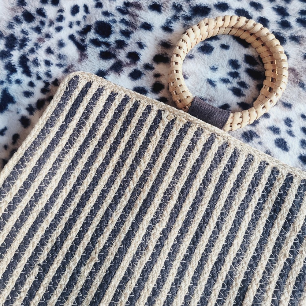 America & Beyond Jute Cotton Striped Tote Bag Rattan Circle Handle‎ Boho Handbag - Picture 3 of 7